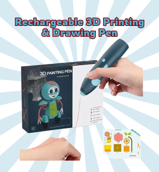 3D painting pen being used with a sample design, next to its packaging and color chart.
suitable for 8+ Years children