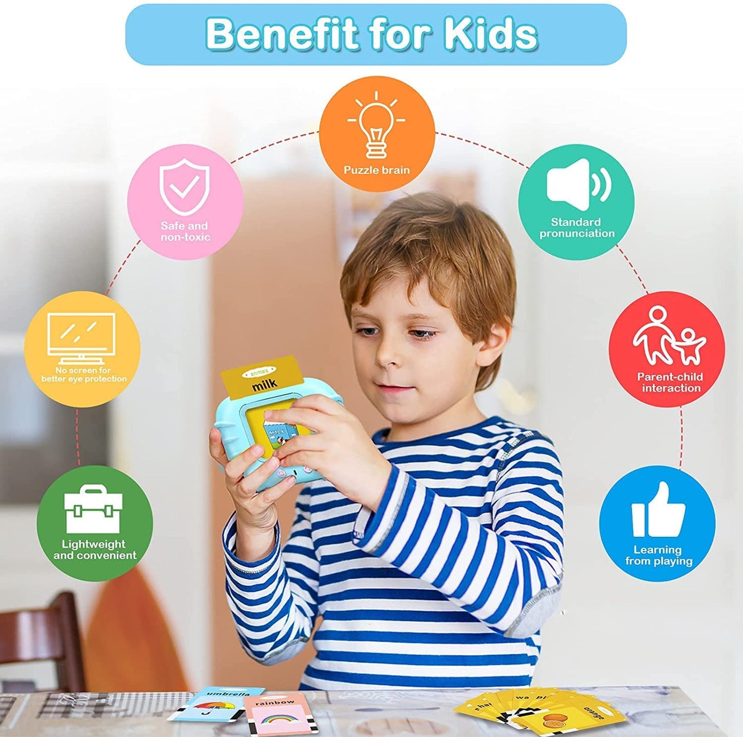 Child playing with a educational toy, surrounded by icons indicating benefits like puzzle brain and standard pronunciation.
for age 3+ years