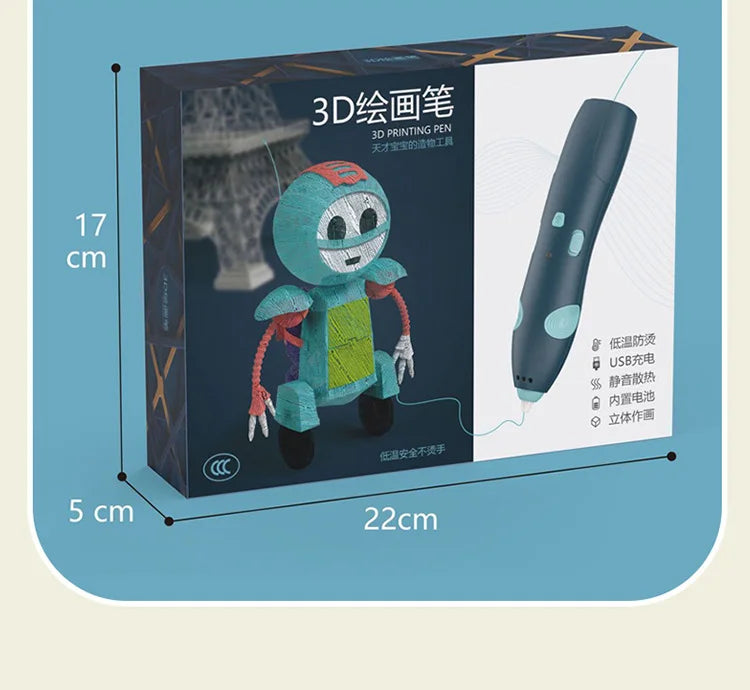 3D printing pen packaging with dimensions on a blue background
for children's age 8+ years