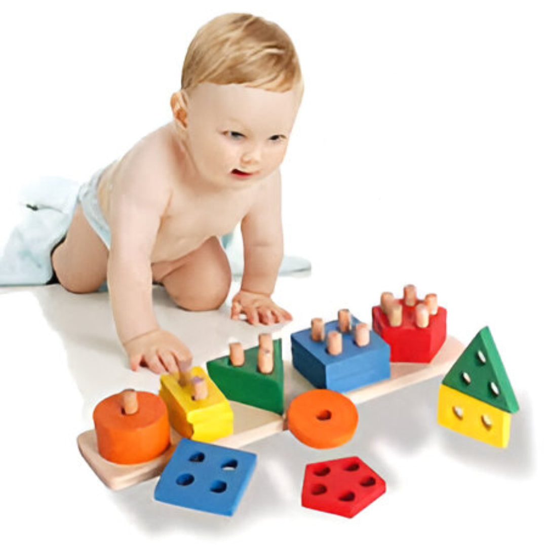 Baby playing with a colorful wooden shape sorting toy on a white background
for children's age 2+ years