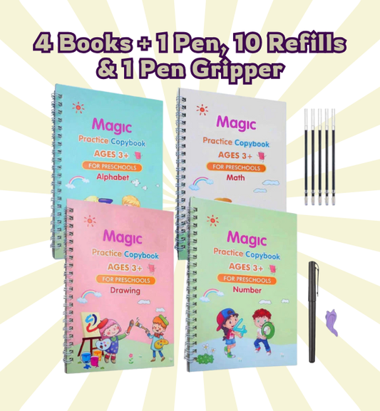 Set of 'Magic Practice Copybook' for preschoolers with coloring pens.
for children's 3+ years
