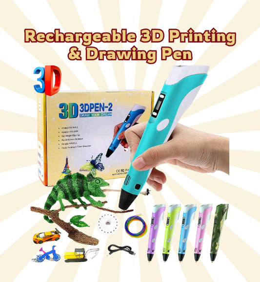 3D pen with packaging, hand holding the pen, and 3D models on a colorful background
for age 8+ year