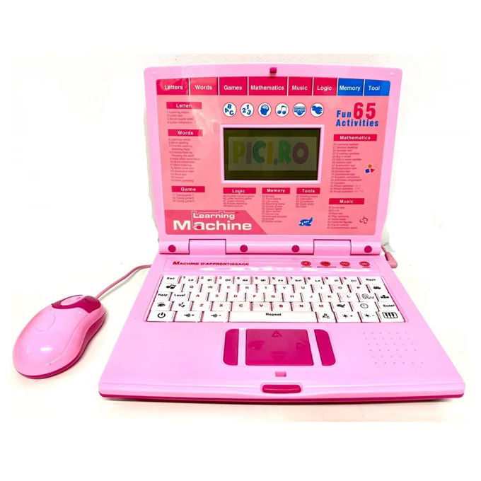 Pink toy laptop with keyboard and mouse on a white background
for children's age 3+