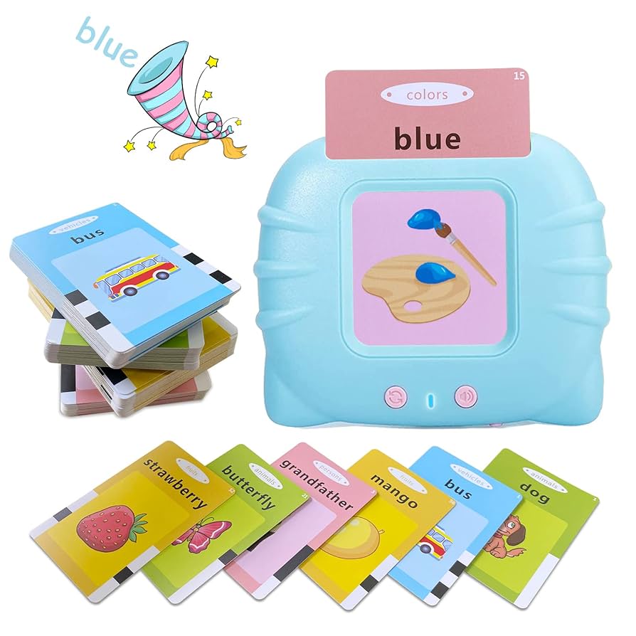 Educational children's learning set with flashcards and a blue container labeled 'colors' on a white background.
for age 3+ years