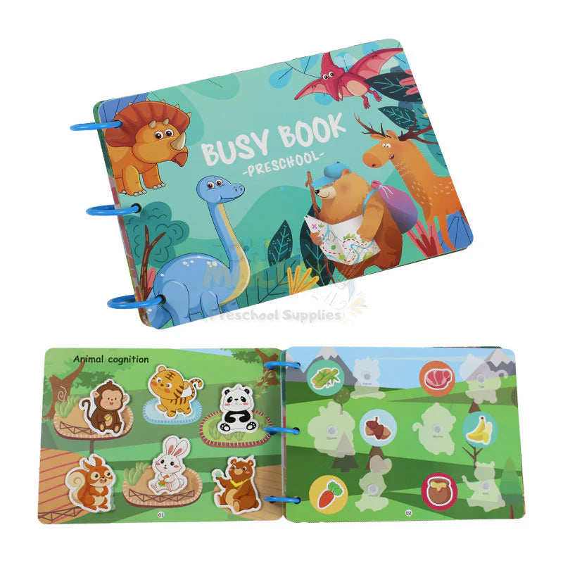 Colorful children's busy book with animal illustrations on a white background
for children's age 3+ years