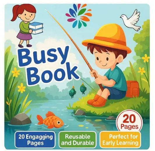 Book cover with a child fishing, colorful design elements, and text about the book's features.