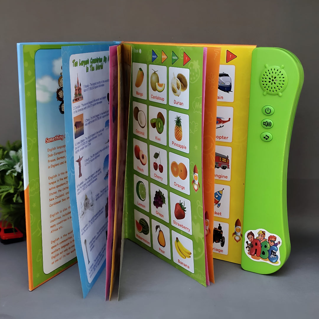 Children's educational book with colorful pages and a green electronic device on a gray surface.
suitable for 3+ years children