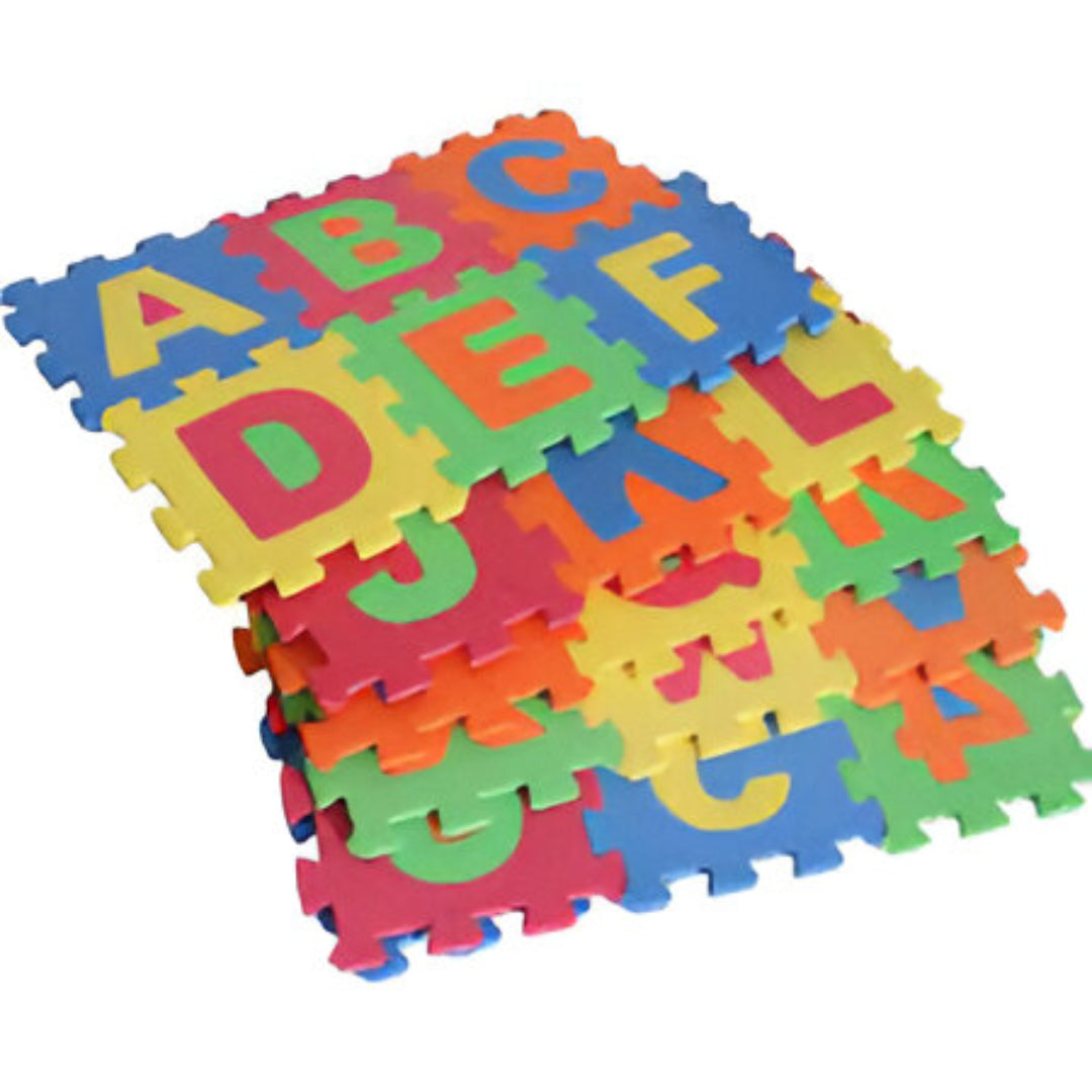 Colorful alphabet foam puzzle mats on a white background
for age children 3+ years