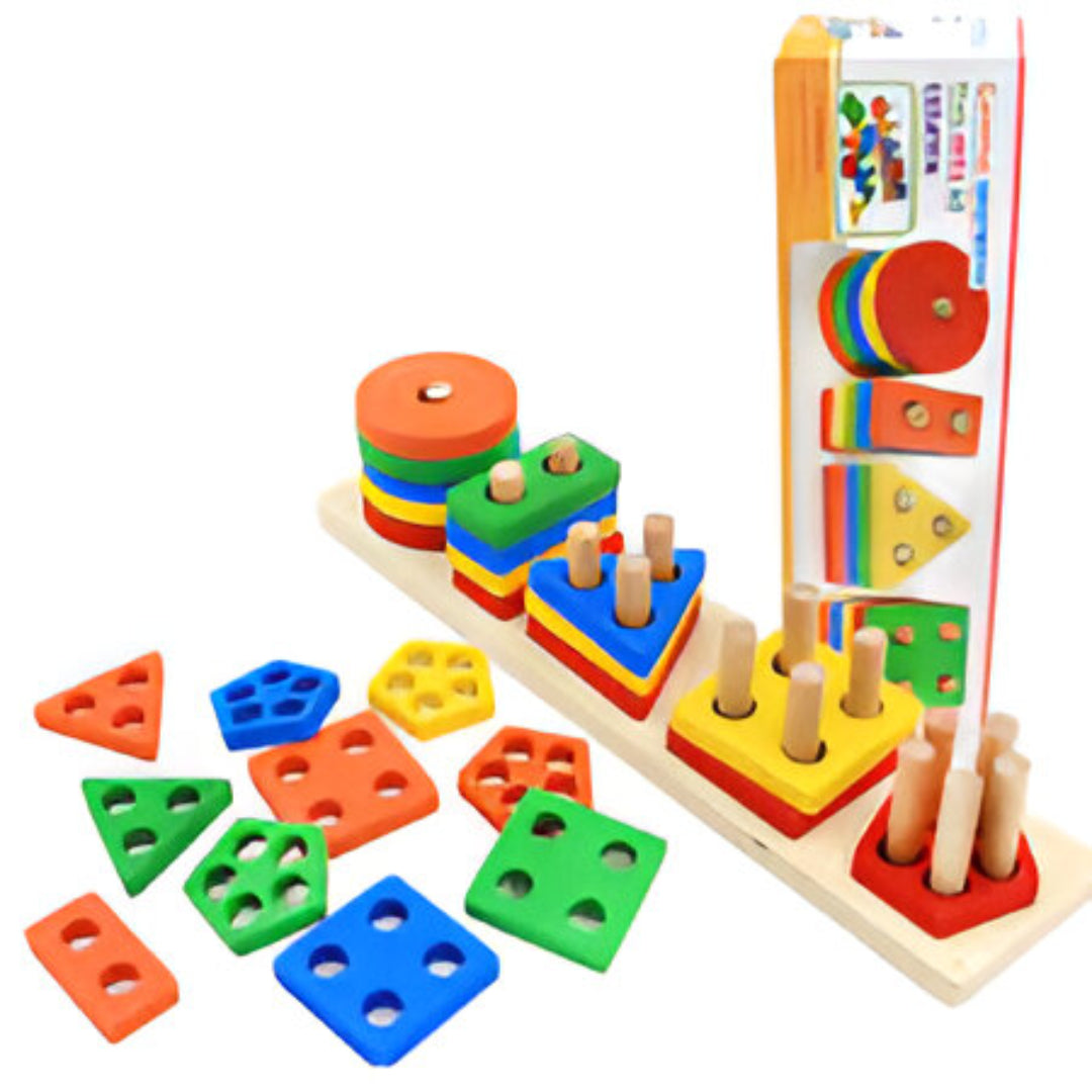 Colorful wooden geometric shape sorting toy with packaging on a white background
for baby learning 2+ years