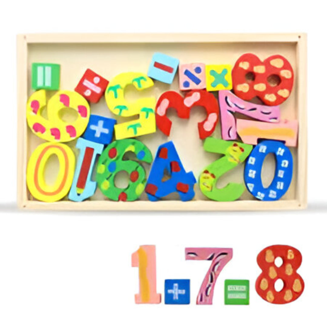Colorful wooden letters and numbers in a box on a white background
for age 2+ years