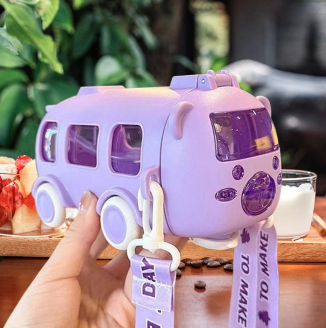 500ml Bus Shaped Water Bottle for Kids – Leak-Proof Toy Bus Cup with Straw and Carry Strap - Baby Bazaar
