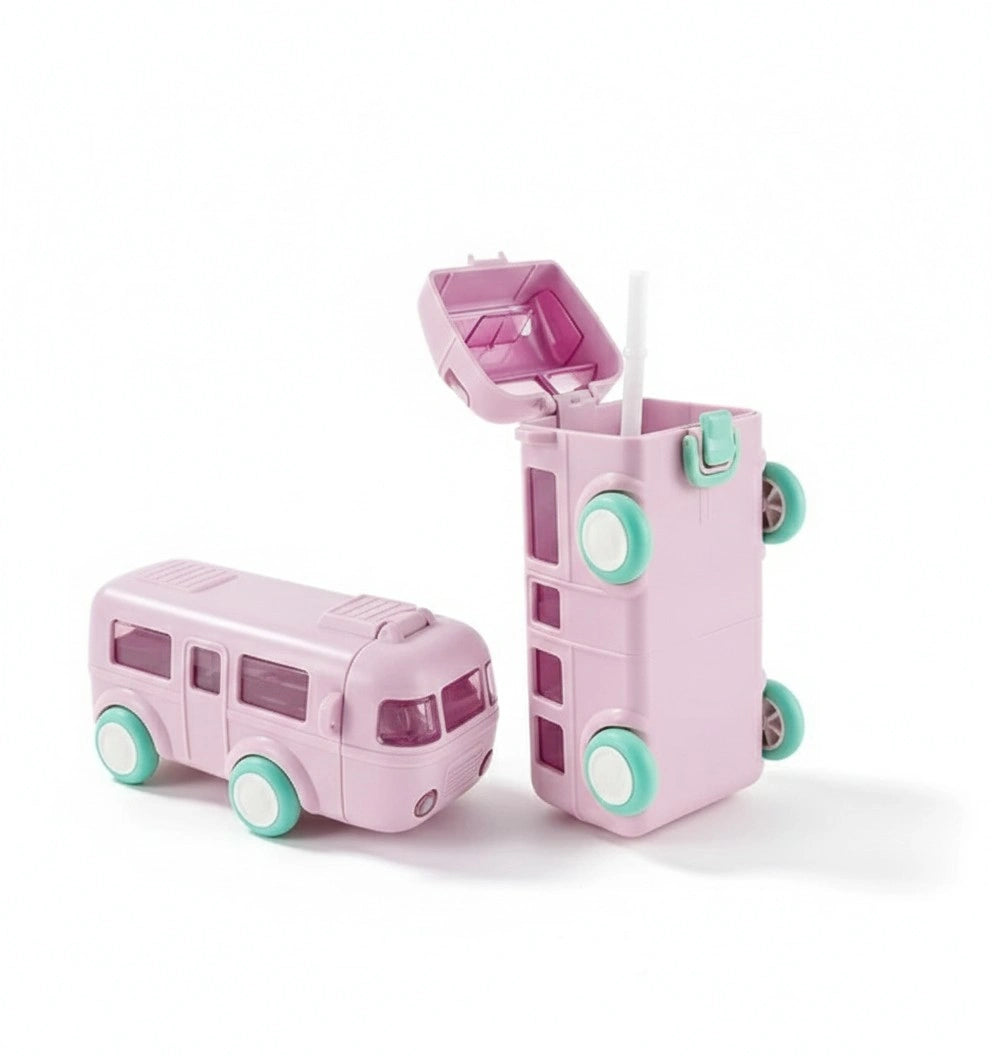 500ml Bus Shaped Water Bottle for Kids – Leak-Proof Toy Bus Cup with Straw and Carry Strap - Baby Bazaar