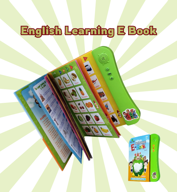 English Learning E Book for children.
Children's educational book with colorful pages and a green electronic device on a gray surface.
for 3+ years