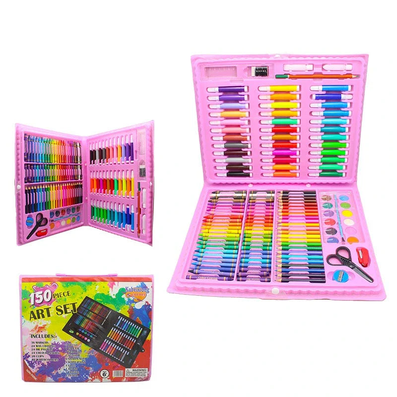 150-piece art set with colorful pens and tools in a pink case on a white background
Suitable for age 3 and above