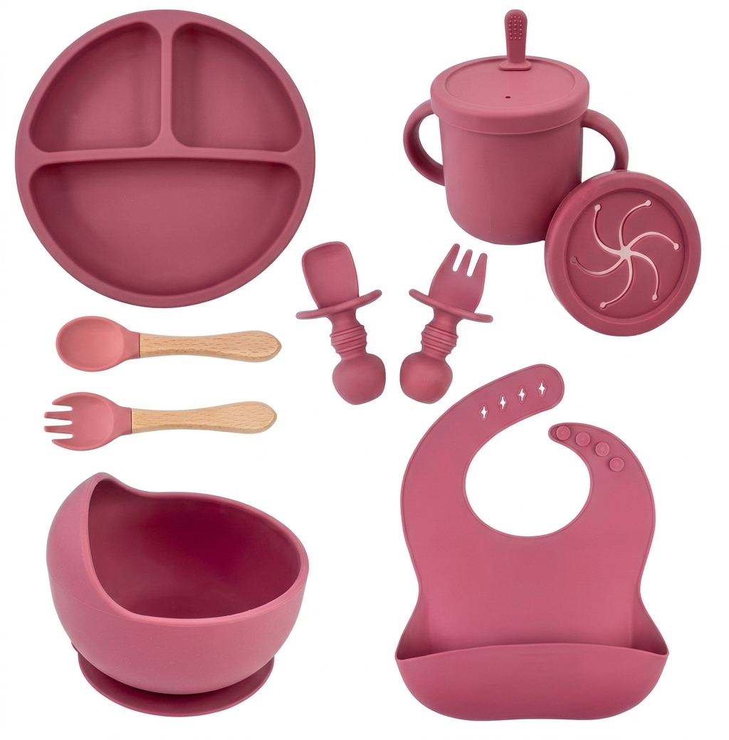 Premium Silicone Baby Feeding Set – 10 Pcs BPA Free Toddler Dinnerware with Suction Bowl, Divided Plate, Sippy Cup & Bib | The Baby Bazaar