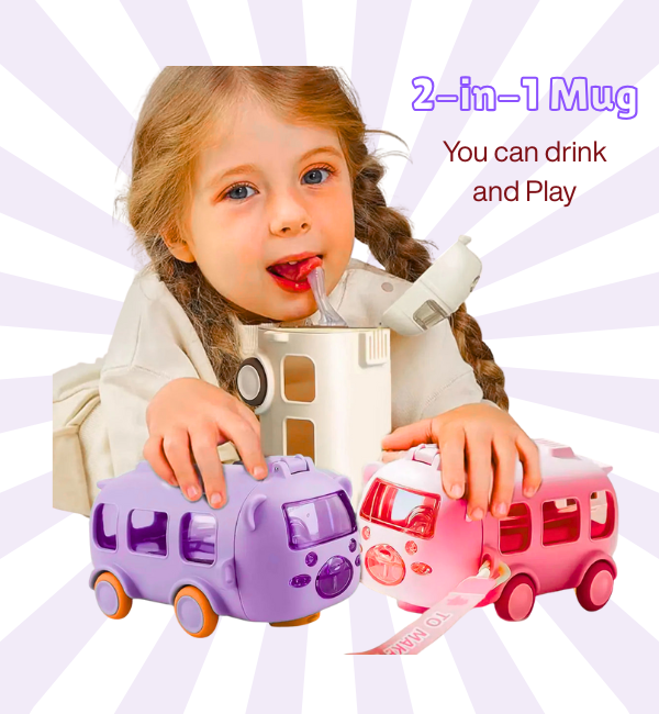 500ml Bus Shaped Water Bottle for Kids – Leak-Proof Toy Bus Cup with Straw and Carry Strap - Baby Bazaar