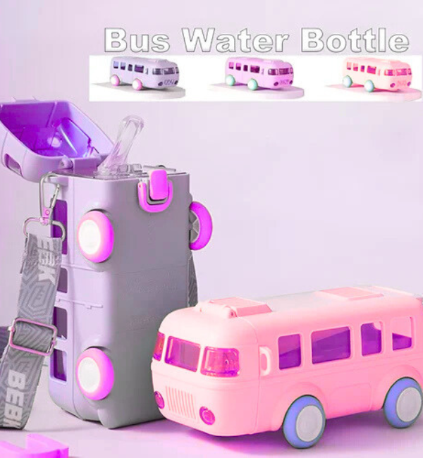 500ml Bus Shaped Water Bottle for Kids – Leak-Proof Toy Bus Cup with Straw and Carry Strap - Baby Bazaar