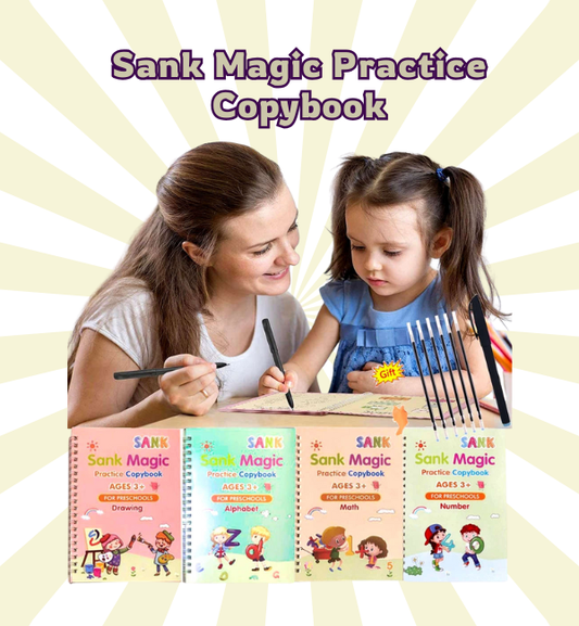Woman and child writing with pens, surrounded by Sank Magic practice copybooks.
for children's 3+ years