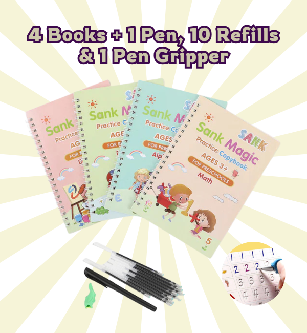 Set of colorful practice copybooks with cartoon characters and pens
for children's 3+ years